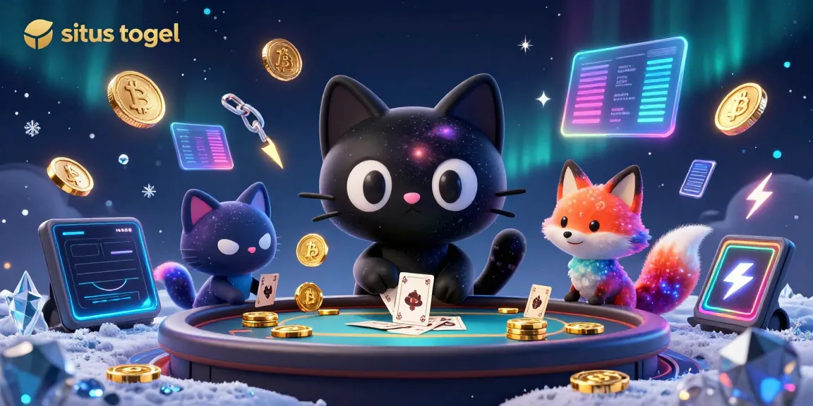 Experience the excitement of situs togel with a cosmic casino illustration featuring a black hole cat and a colorful fox.