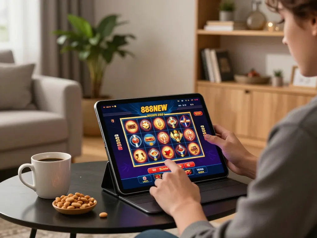 Player engaging with 888NEW casino app on a cozy tablet setup, showcasing gaming strategy.