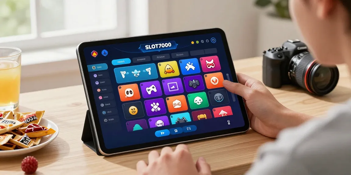 Engaging SLOT7000 gaming interface on a tablet, showcasing vibrant online community features.