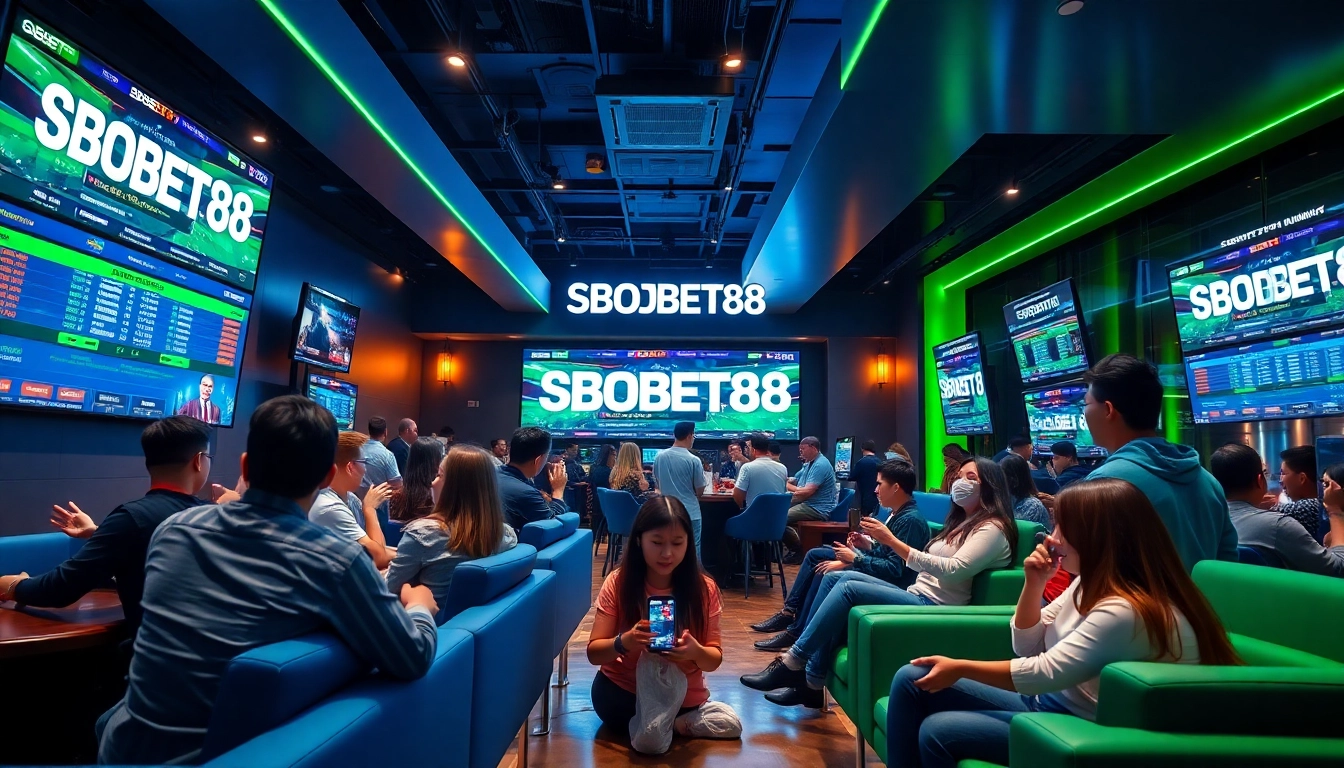 Menampilkan SBOBET88 dalam suasana taruhan olahraga yang dinamis dan menarik dengan pelanggan aktif.
