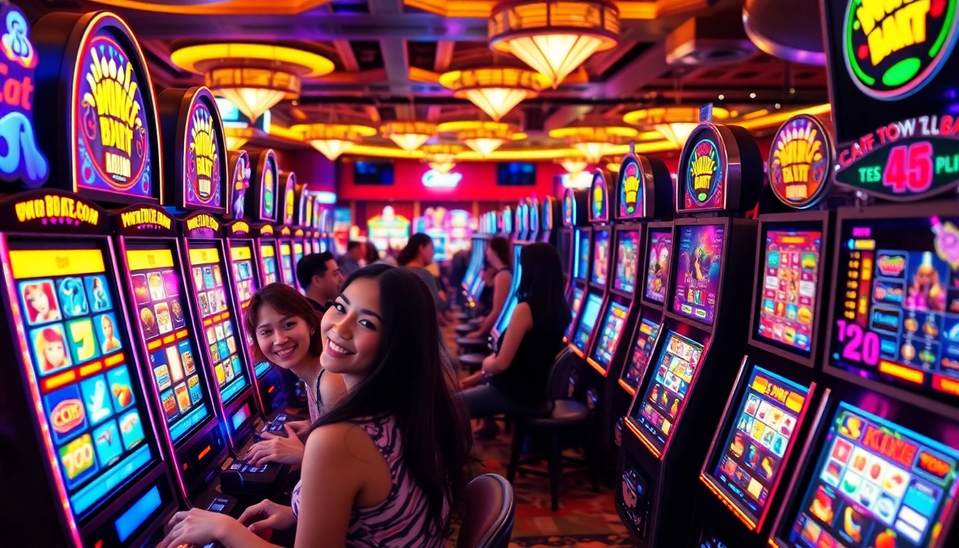 Putar Slot Game dengan mesin permainan berwarna cerah di kasino yang ramai.