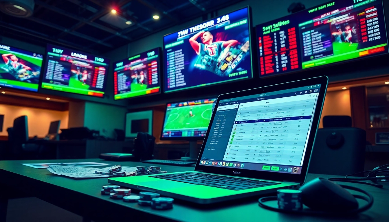 Engaging online Betting scene with multiple screens showcasing live game odds.