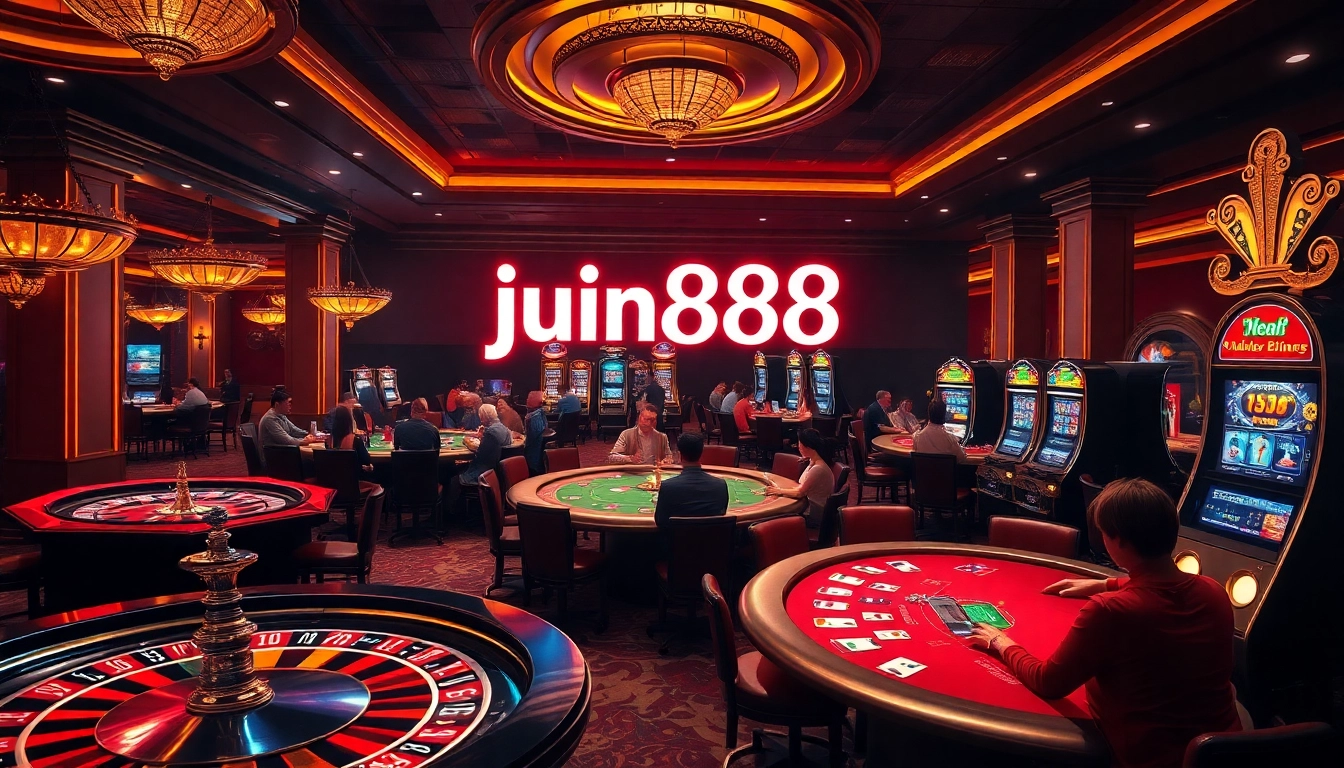 A bustling casino scene featuring the neon branding of jun888 as players engage in thrilling games, embodying excitement and strategy.