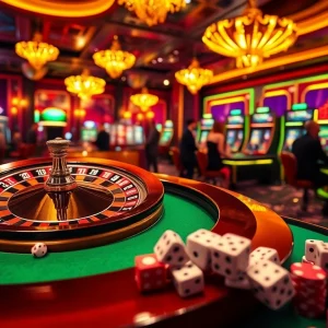 Experience the excitement of mm88 at a luxurious casino table with vibrant poker chips and a spinning roulette wheel.