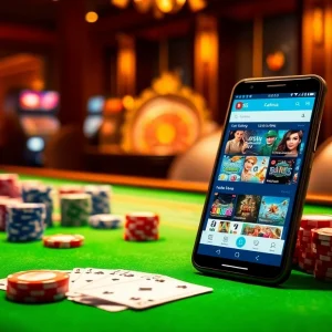 S8 app displayed on a smartphone among poker chips and playing cards in an elegant casino.