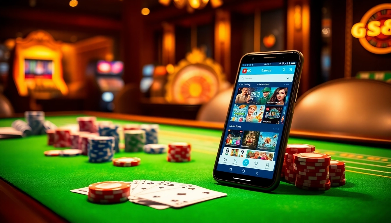 S8 app displayed on a smartphone among poker chips and playing cards in an elegant casino.