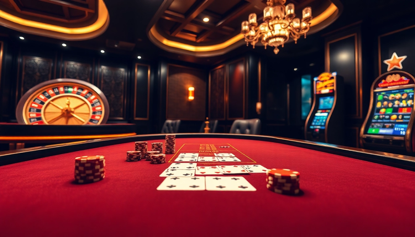 Experience high-stakes gaming at ga6789 with a luxurious baccarat table and vibrant slot machines.