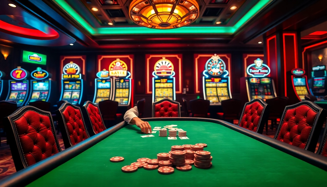 Experience thrilling gaming at https://ev88.claims/ featuring a luxurious poker table with professional dealers and vibrant slots.