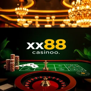 Experience the thrills of xx88casino.com with an elegant digital betting scene filled with casino elements.