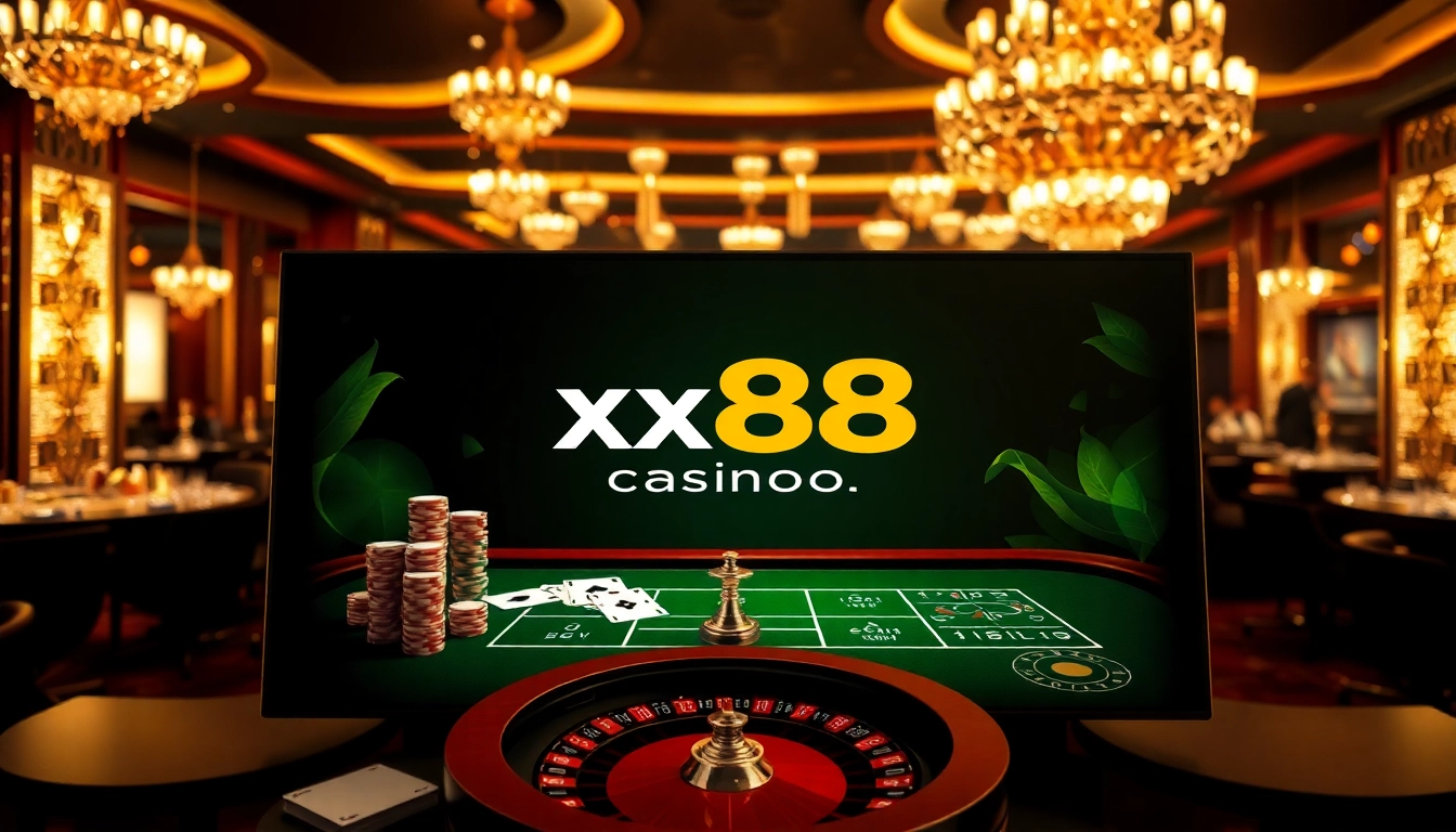 Experience the thrills of xx88casino.com with an elegant digital betting scene filled with casino elements.