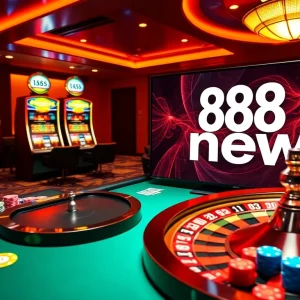 Play exciting games at 888 new casino with vibrant roulette wheel and colorful poker chips.