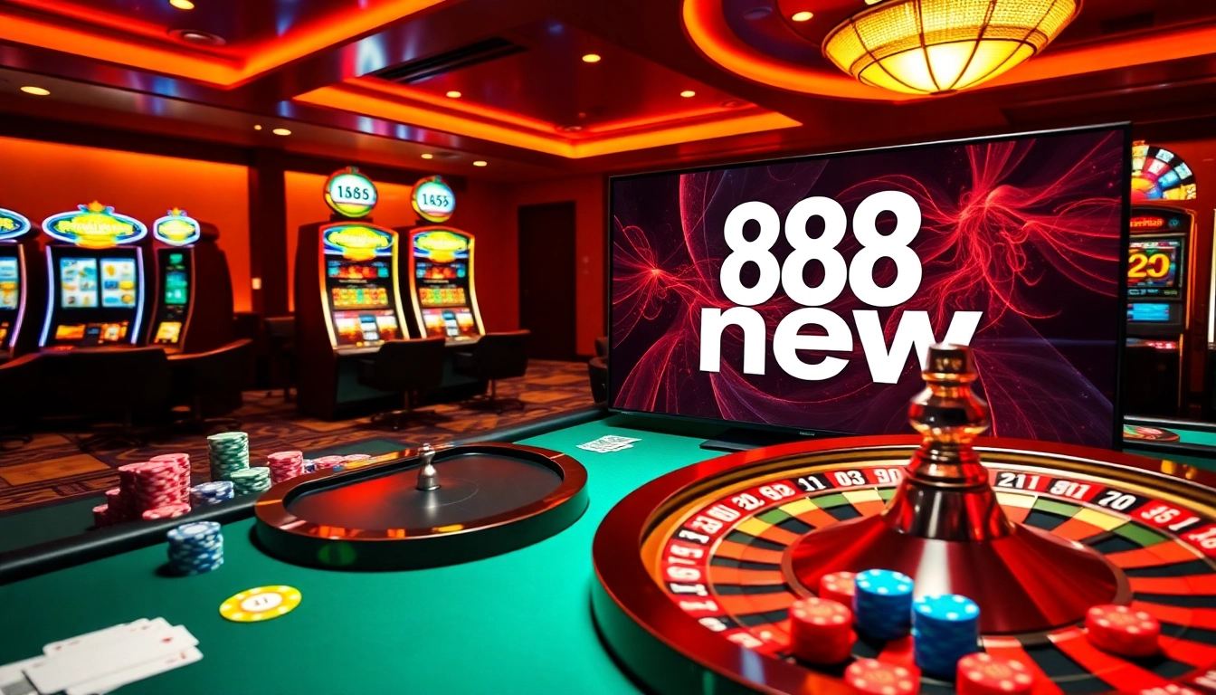 Play exciting games at 888 new casino with vibrant roulette wheel and colorful poker chips.
