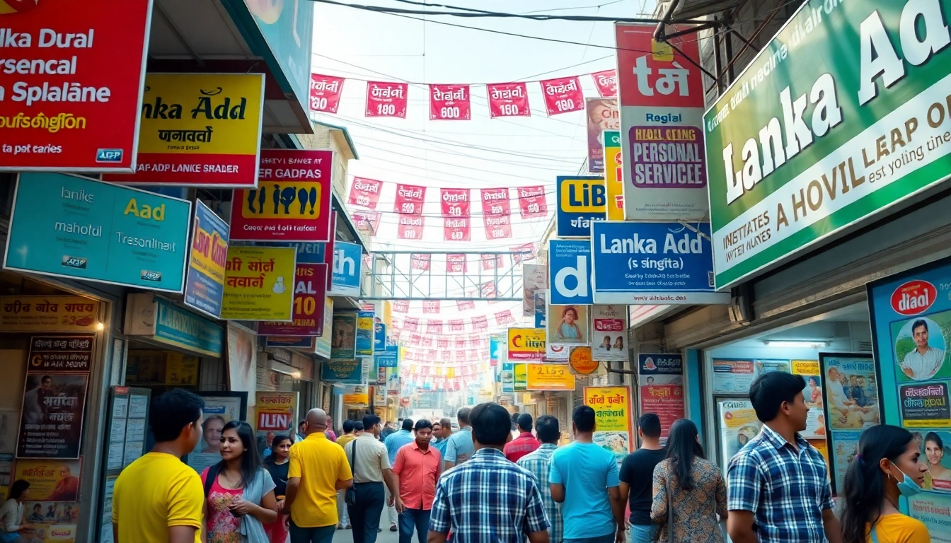 Lanka Ad promoting local services in a vibrant Sri Lankan marketplace