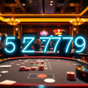 Gamblers enjoying a thrilling game at a luxurious casino table with the 5Z7779 neon sign.
