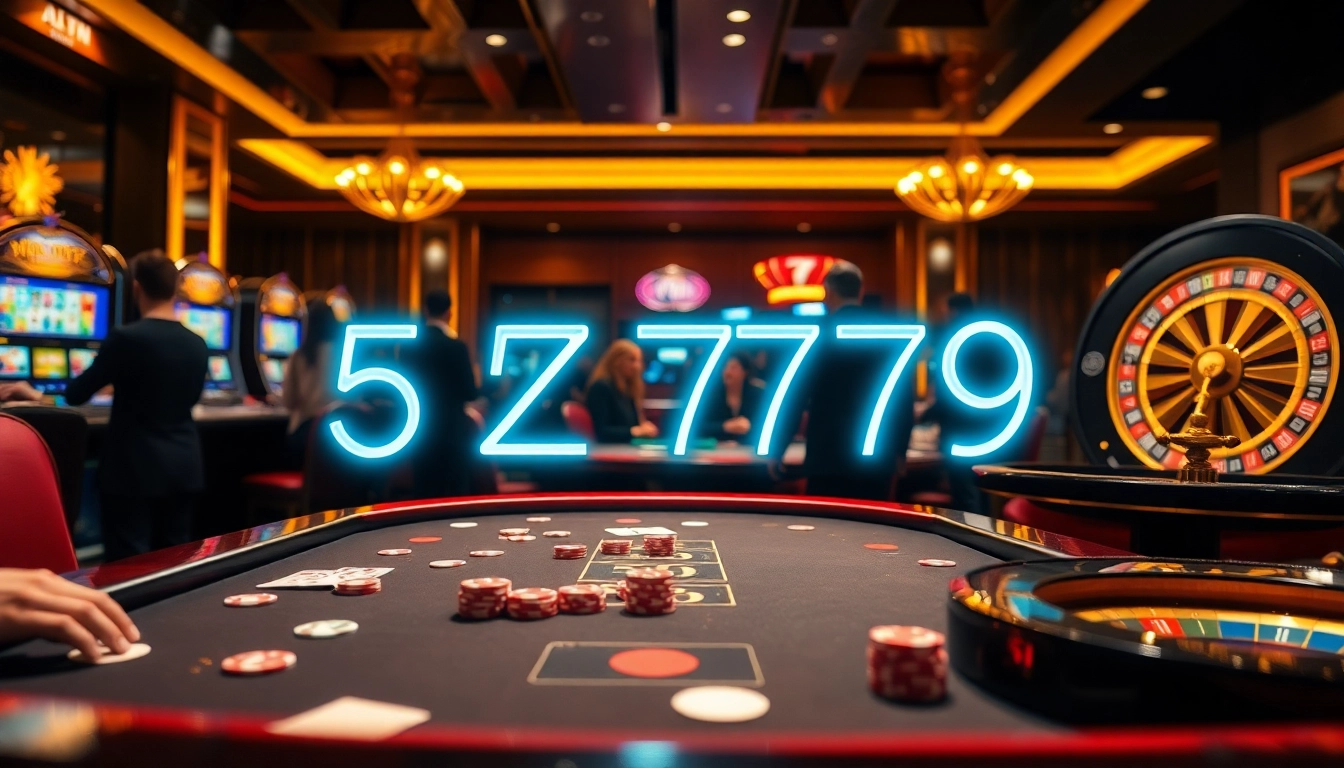Gamblers enjoying a thrilling game at a luxurious casino table with the 5Z7779 neon sign.