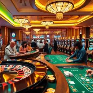 Gamblers enjoying a thrilling experience at QQ88z Net casino with vibrant slot machines and poker tables.