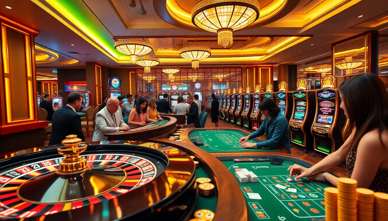 Gamblers enjoying a thrilling experience at QQ88z Net casino with vibrant slot machines and poker tables.