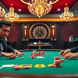 Players engage intensely in a poker game at GG88's luxurious casino, highlighting excitement and strategy.