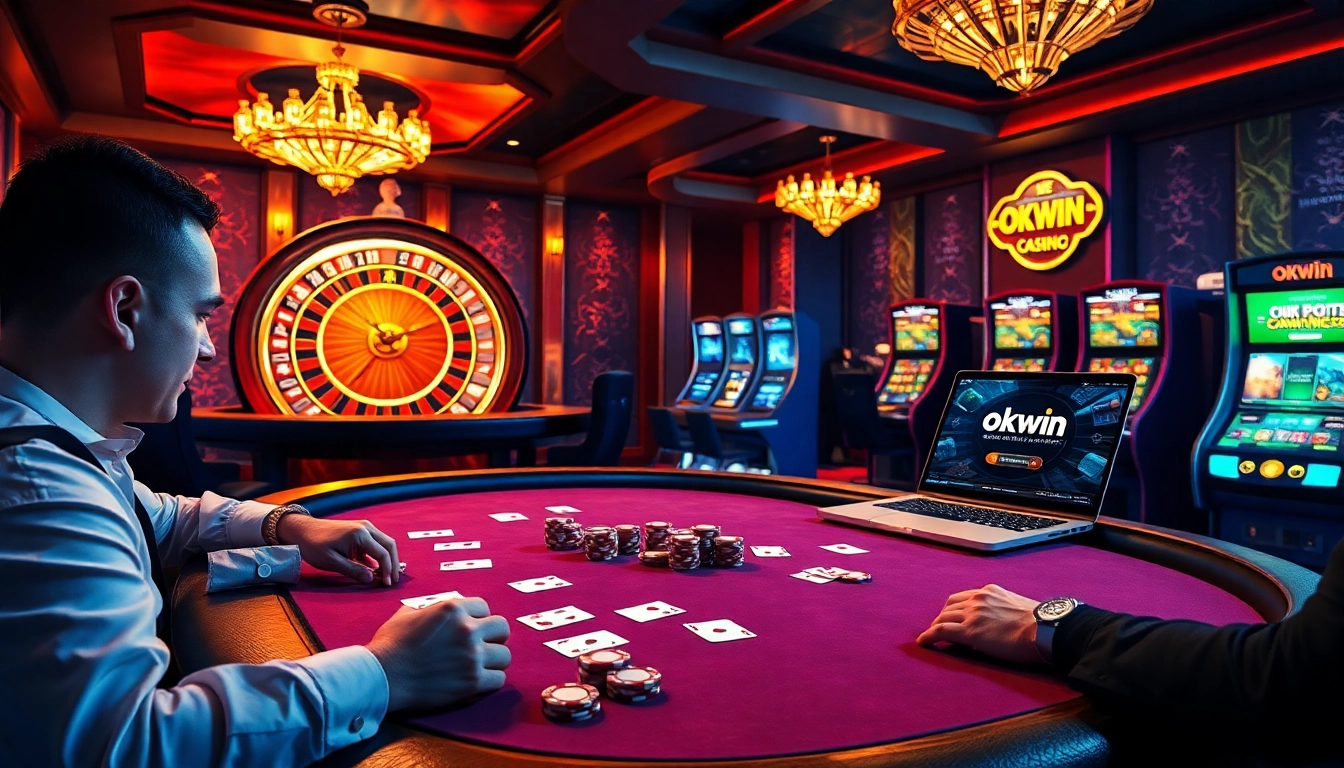 Players strategizing at a poker table with a glimpse of the online gaming platform at https://okwin.blog/.