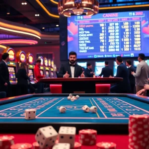 C168 gaming table surrounded by enthusiastic players and vibrant slot machines in a luxurious casino.