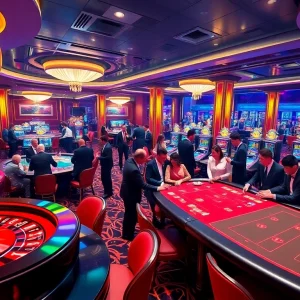Players experiencing the excitement of casino games at Okfun, showcasing a vibrant gambling environment.