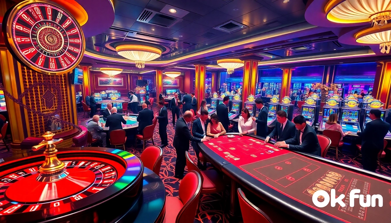 Players experiencing the excitement of casino games at Okfun, showcasing a vibrant gambling environment.