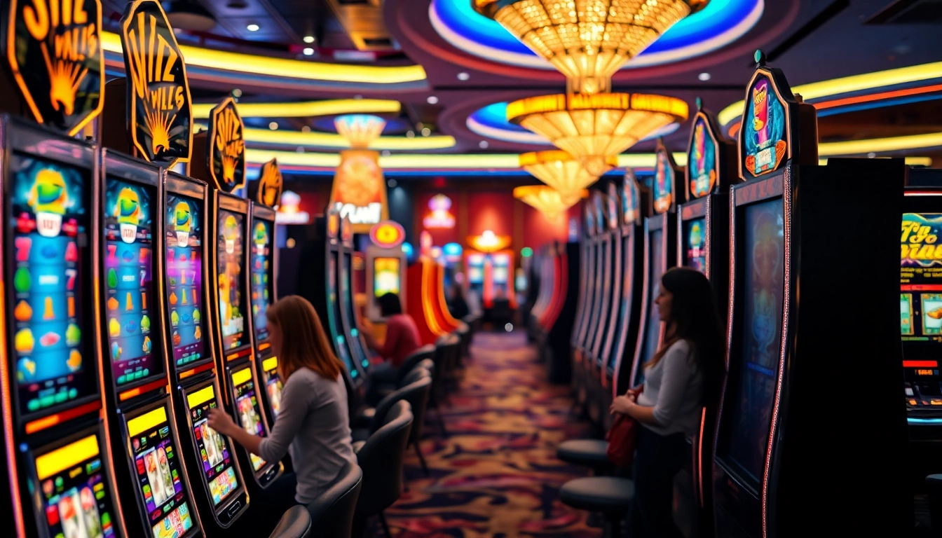 Menampilkan slot gacor dengan pemain yang bersemangat di kasino, menciptakan suasana yang mendebarkan.