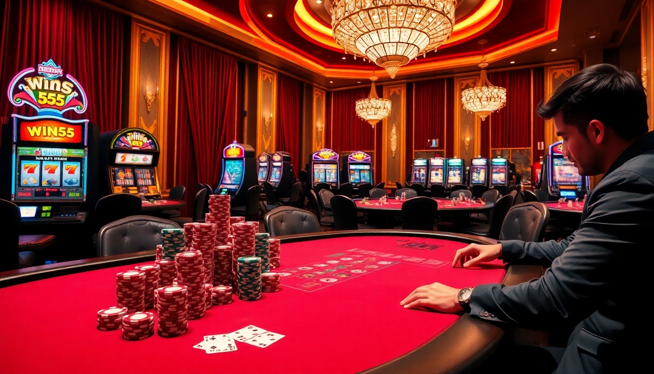 Experience the thrill of winning with win55 at a luxury poker table in a vibrant casino.