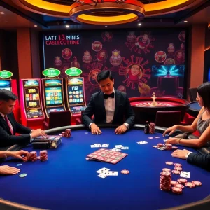 Experience the thrills of 13Win with an elegant casino setup featuring poker tables and exciting games.