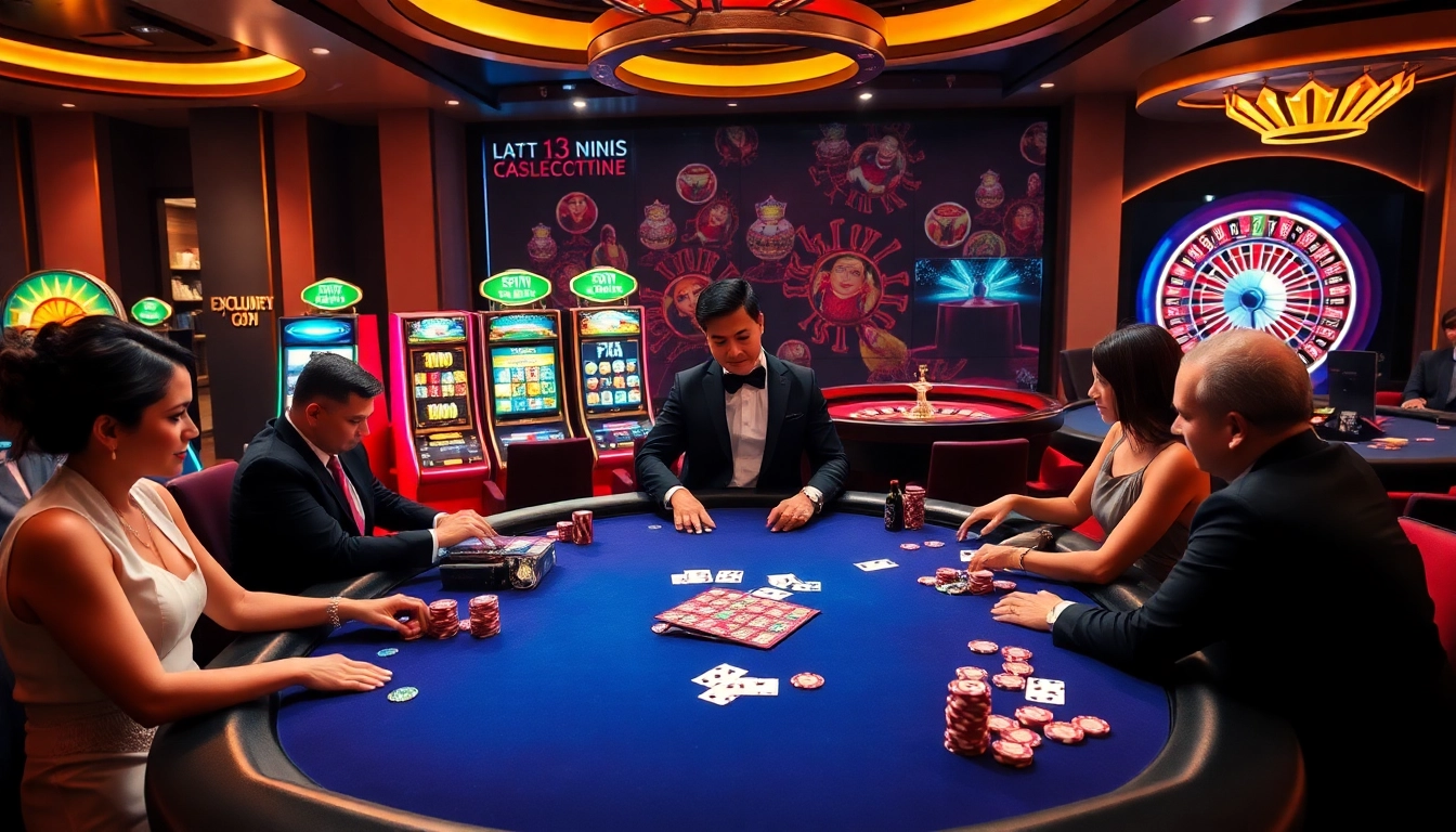 Experience the thrills of 13Win with an elegant casino setup featuring poker tables and exciting games.