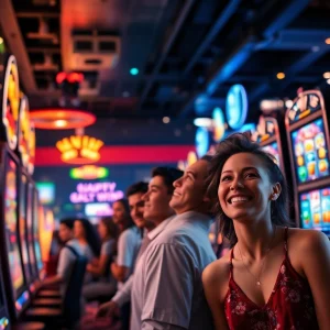 Dynamic gaming scene with players enjoying doaslot slot machines, colorful displays, and vibrant atmosphere.