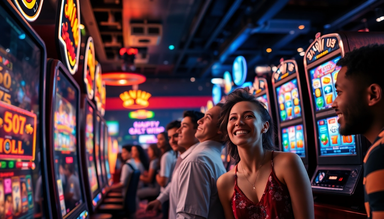 Dynamic gaming scene with players enjoying doaslot slot machines, colorful displays, and vibrant atmosphere.