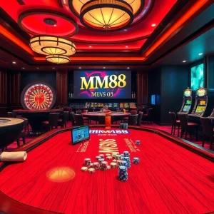 Experience high-stakes gaming at MM88 with vibrant poker tables and exciting slot machines.
