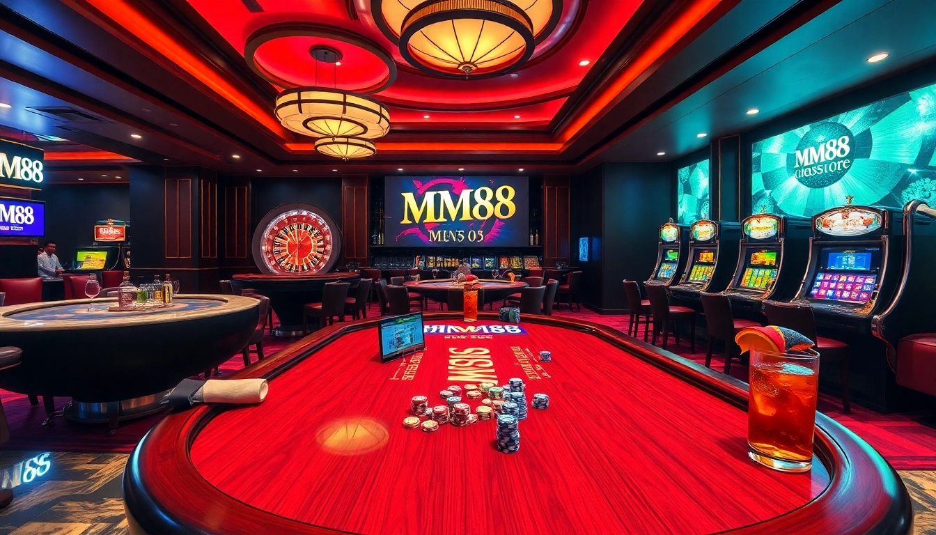 Experience high-stakes gaming at MM88 with vibrant poker tables and exciting slot machines.