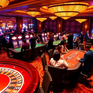 Players enjoying the excitement of KJC casino games with vibrant tables and chips.