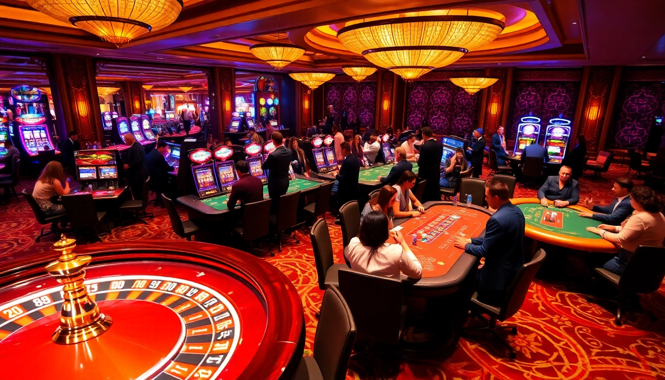 Players enjoying the excitement of KJC casino games with vibrant tables and chips.