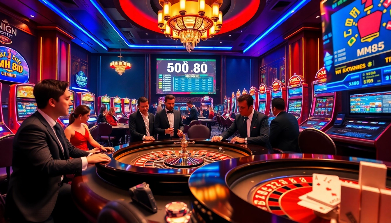 Players engaging in high-stakes gambling at NHÀ CÁI MM88's vibrant casino with roulette and colorful slot machines.