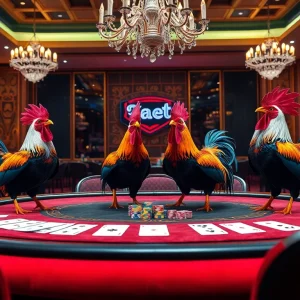 Betting on Đá Gà Thomo BJ888 with vibrant poker chips on a luxurious casino table.