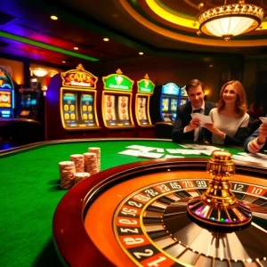 Experience thrilling gaming at https://kjc.jp.net/ with vibrant poker chips and an elegant roulette wheel.