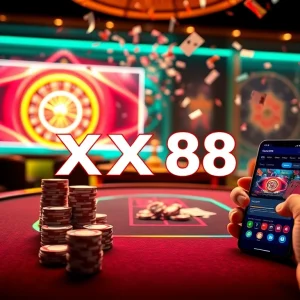 XX88 players celebrate a victory at a vibrant online casino table showcasing poker chips and cards.