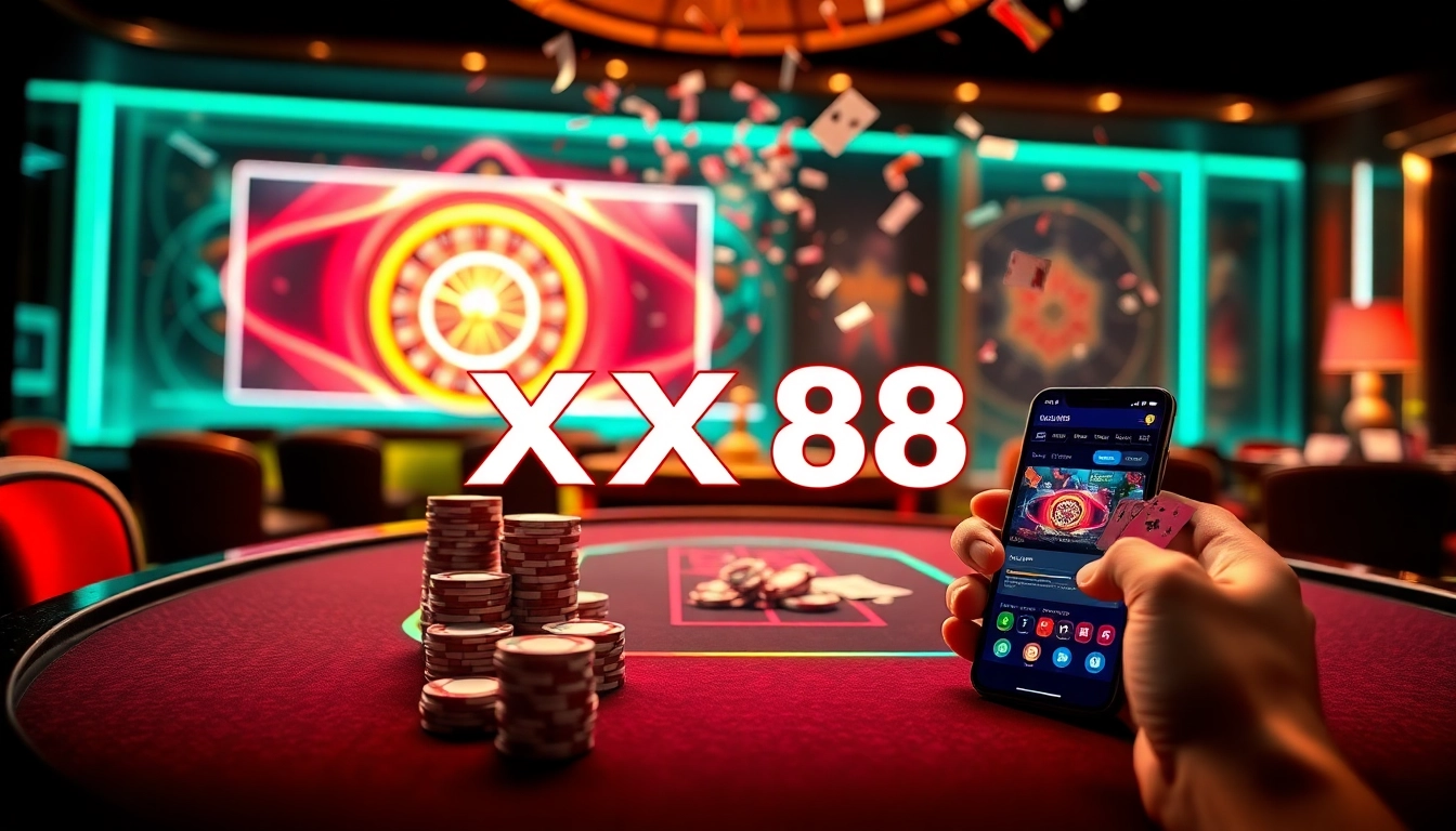 XX88 players celebrate a victory at a vibrant online casino table showcasing poker chips and cards.
