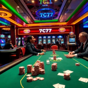 A thrilling moment in a luxurious 7C77 casino with vibrant slot machines and intense poker gameplay.