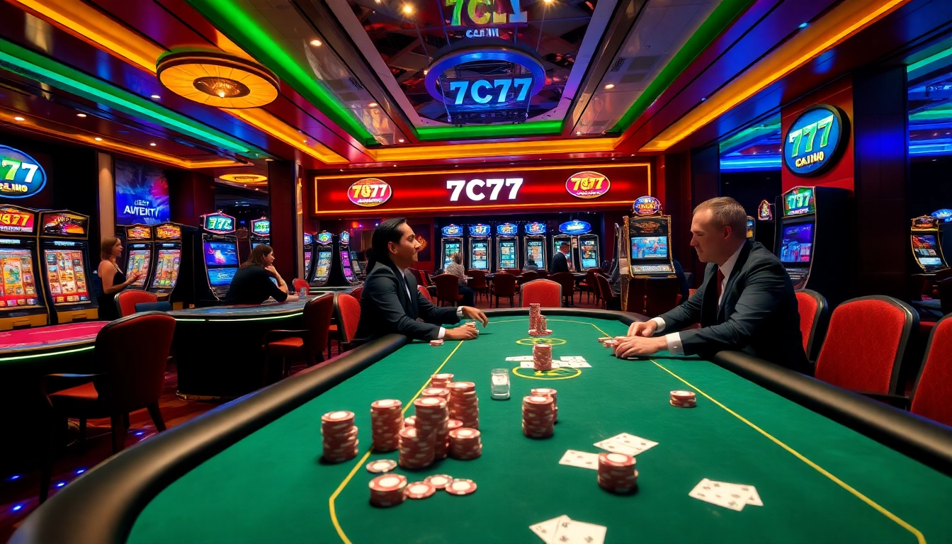A thrilling moment in a luxurious 7C77 casino with vibrant slot machines and intense poker gameplay.