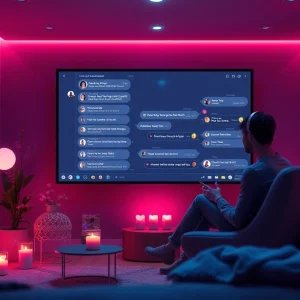 Engaging in sex AI chat with an intimate digital dialogue interface in a warm, inviting setting.