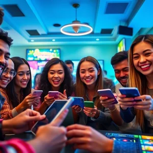 Situs kode4d online gaming scene with diverse players enjoying thrilling slot games on digital devices.