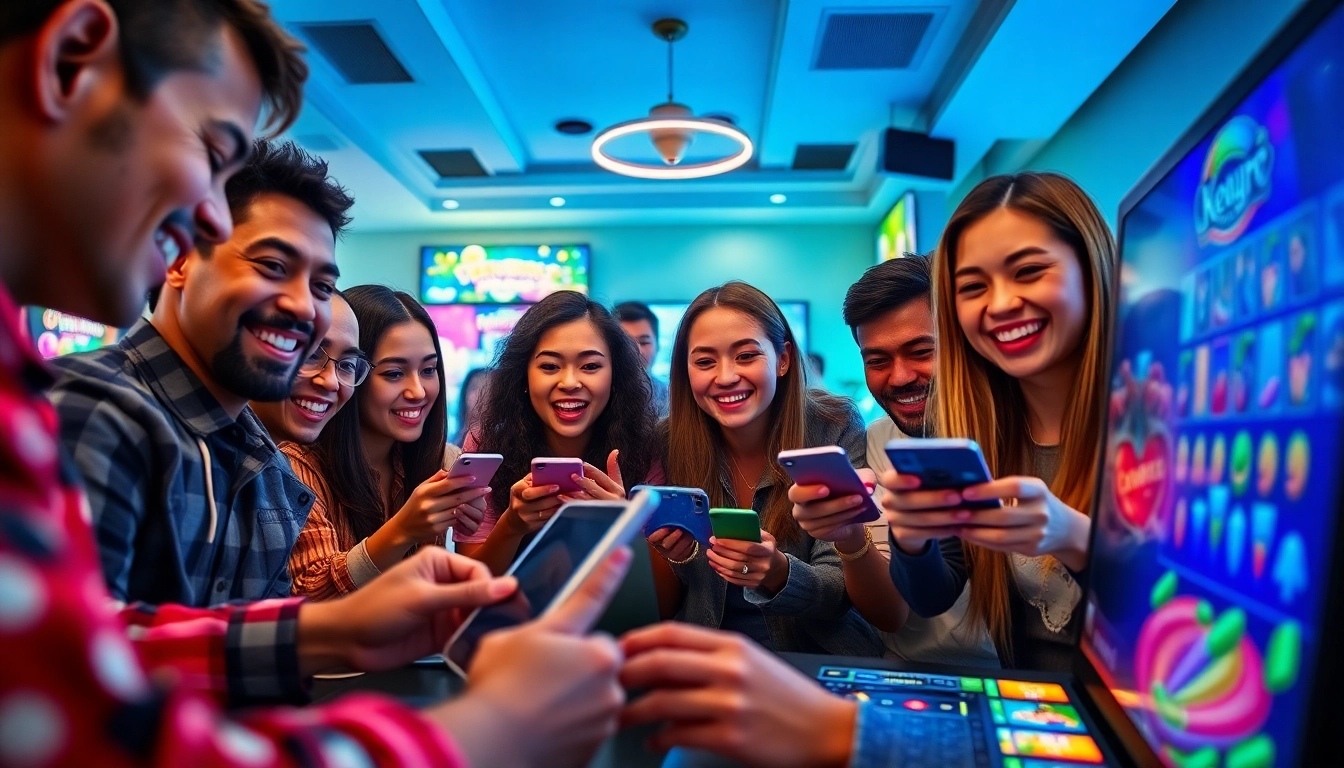 Situs kode4d online gaming scene with diverse players enjoying thrilling slot games on digital devices.