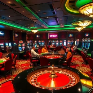 Exciting WINBET casino scene with players at tables and slot machines.