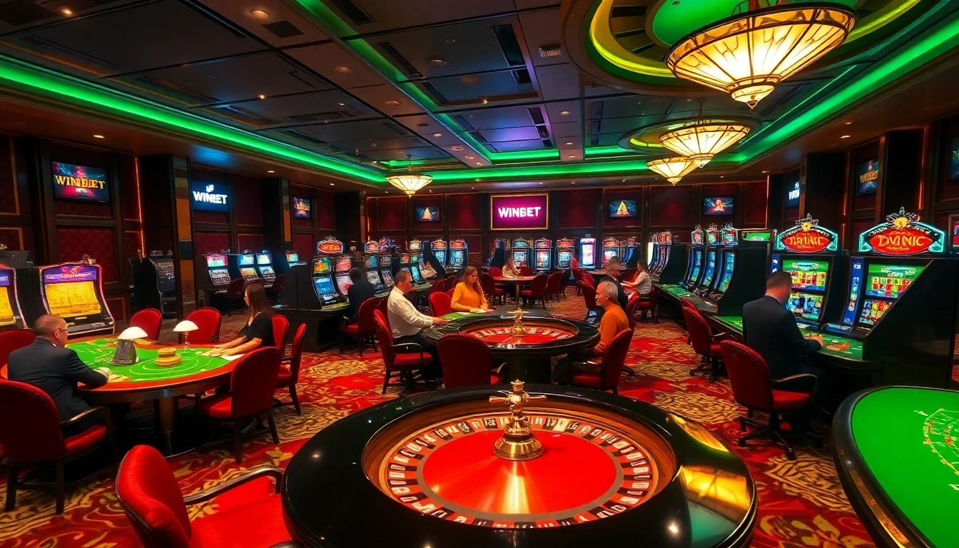 Exciting WINBET casino scene with players at tables and slot machines.