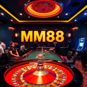Engaging casino scene showcasing MM88 logo with roulette wheel, poker chips and energized players.