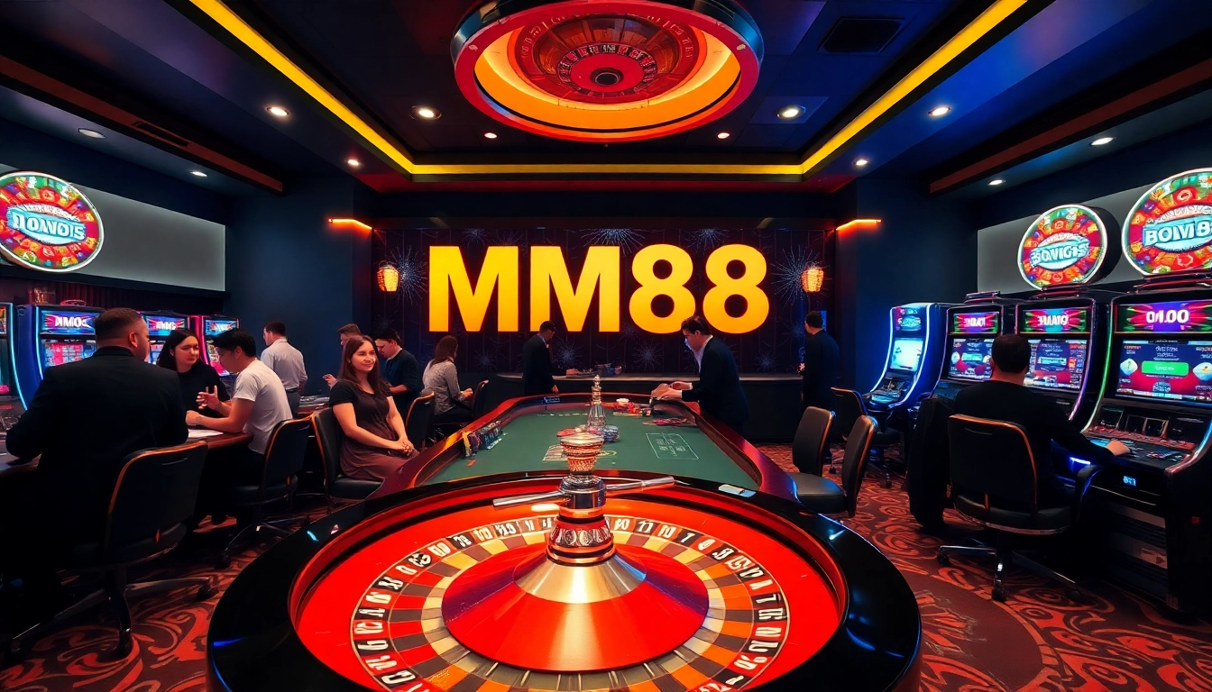 Engaging casino scene showcasing MM88 logo with roulette wheel, poker chips and energized players.